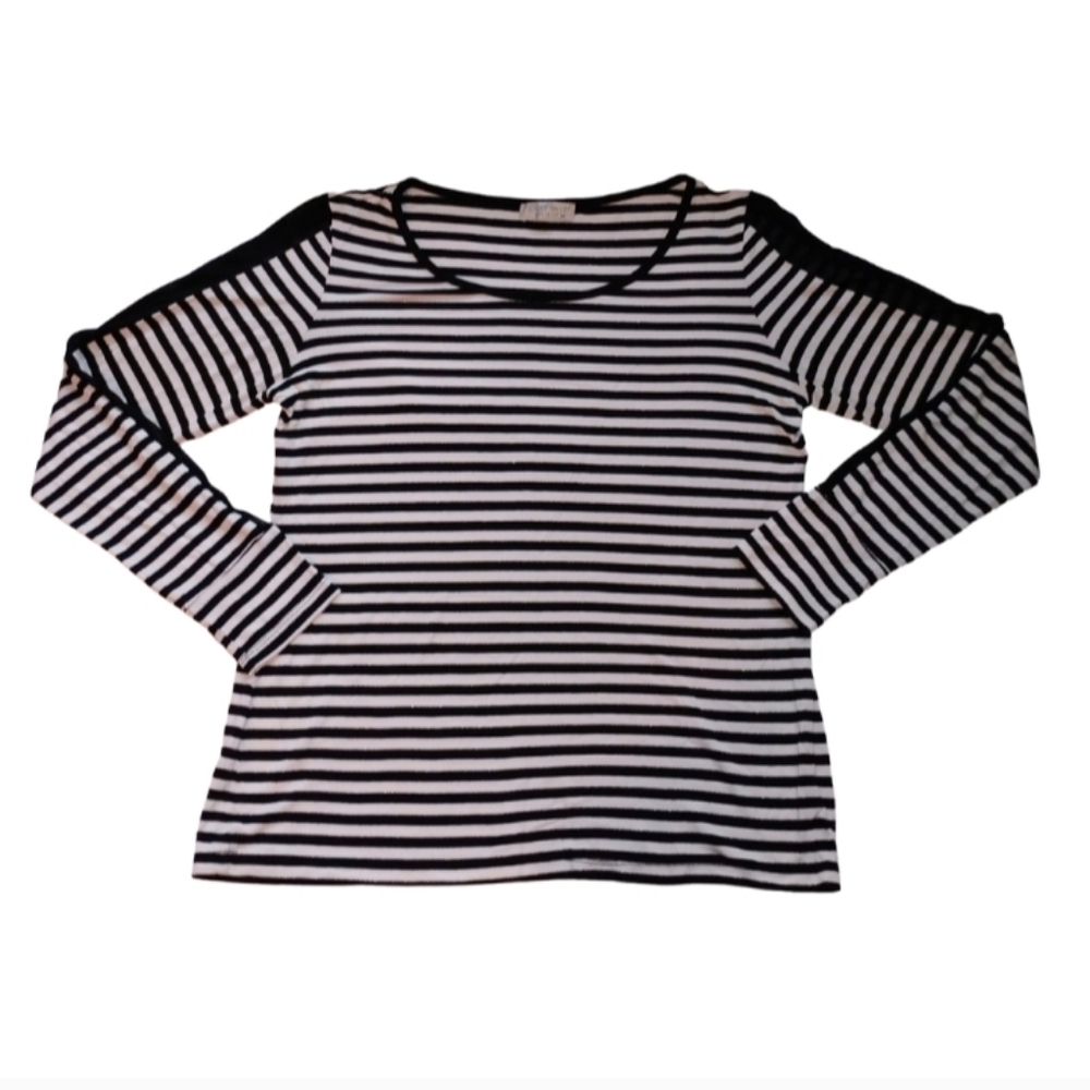 Anatomie | Black White Striped Long Sleeve Mesh Panel Top | Travel Stretch | M